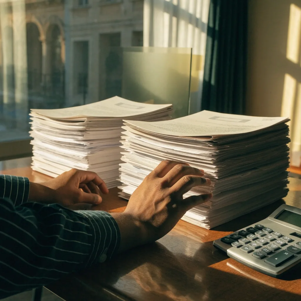 Manos comparando dos montones de documentación de ahorro sobre un escritorio
