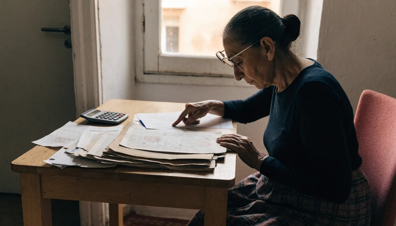 Mujer revisando sus certificados de cotización y nóminas antiguas en una mesa antes de estimar su pensión