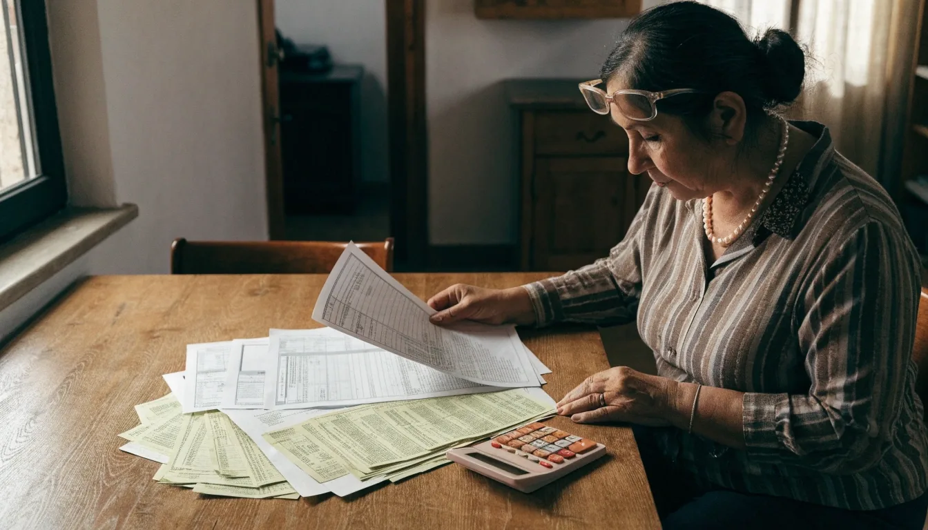 Resúmenes de nómina de varias décadas desplegados sobre una mesa de trabajo