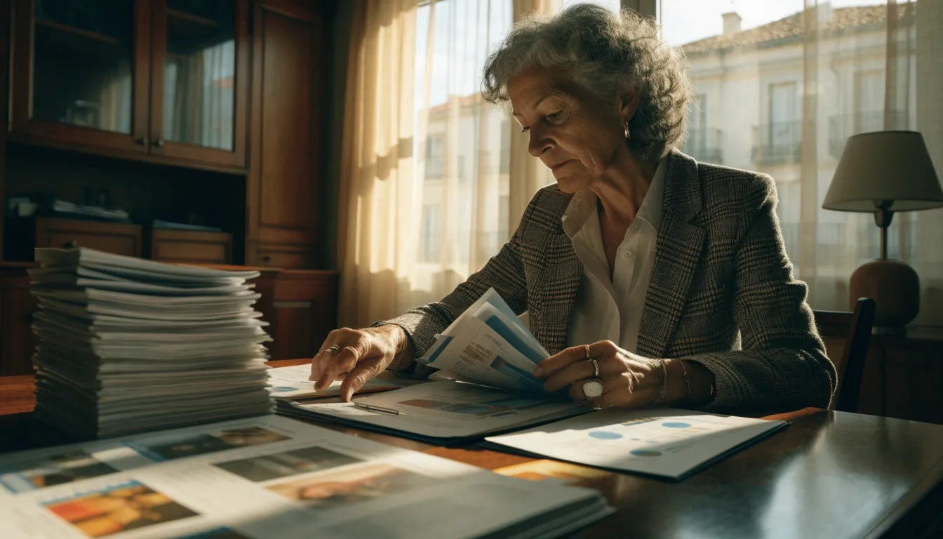 Manos hojeando folletos financieros sobre una mesa de madera a la luz de la tarde