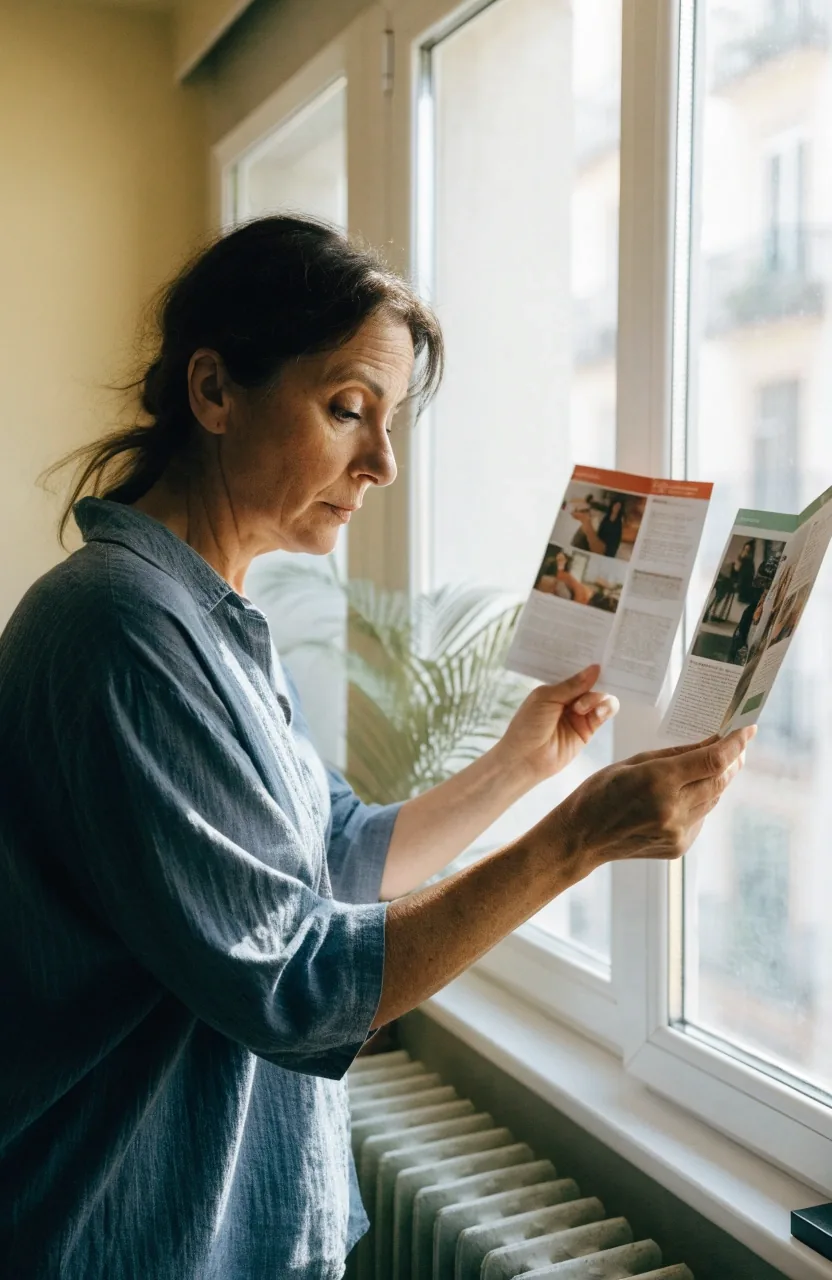 Mujer comparando dos folletos informativos junto a una ventana luminosa