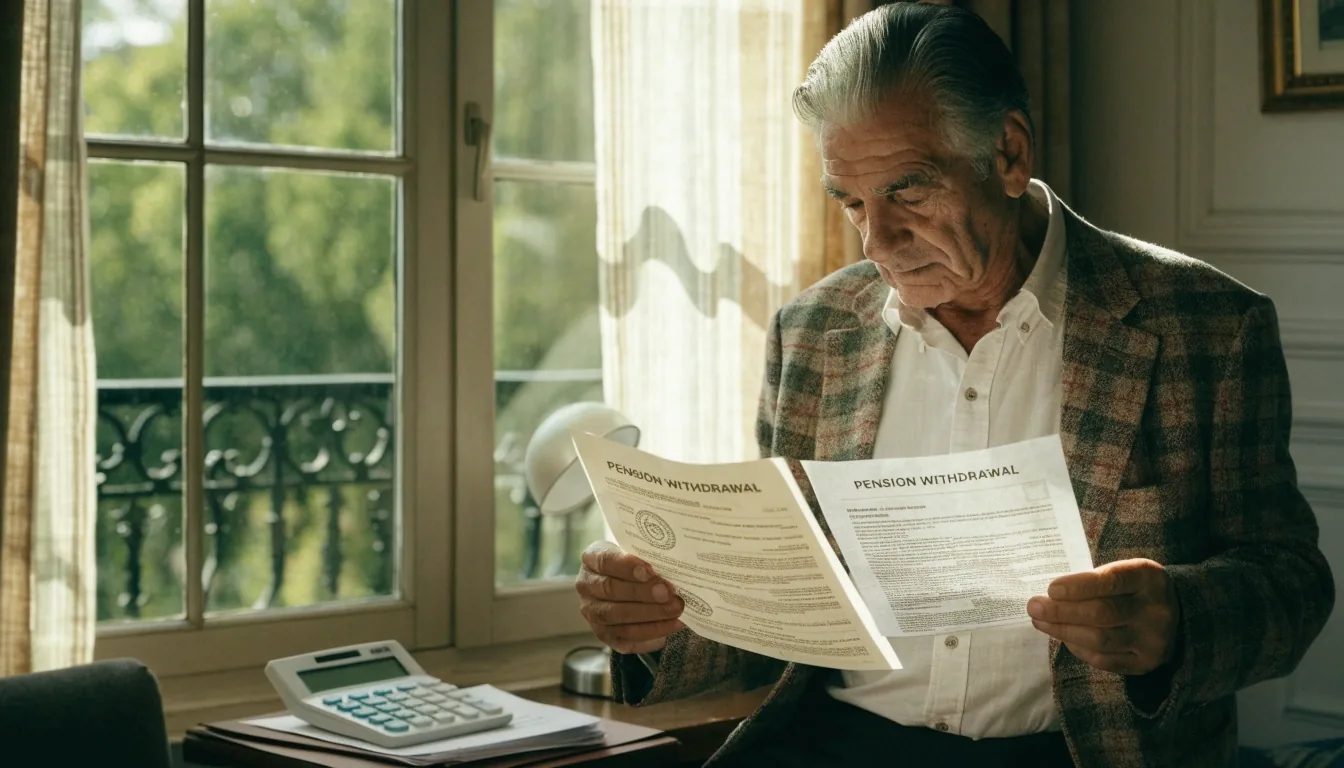Persona jubilada revisando en casa los documentos de su plan de pensiones antes de decidir el rescate