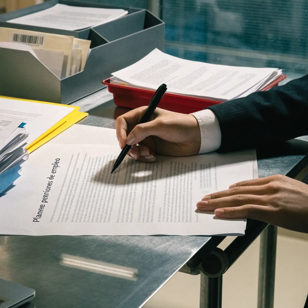 Persona revisando documentos de trabajo en un escritorio de oficina