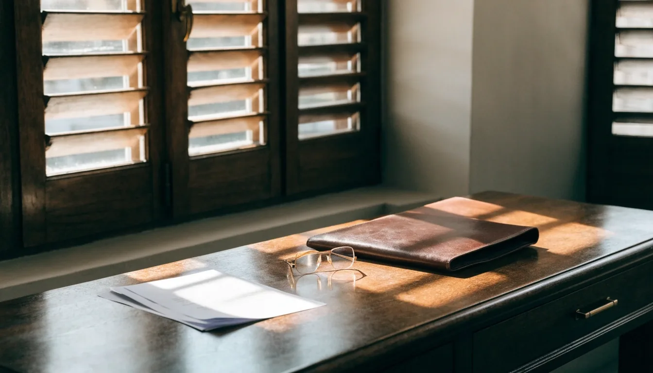Despacho en Valencia con luz de mañana sobre una mesa de madera y una carpeta cerrada